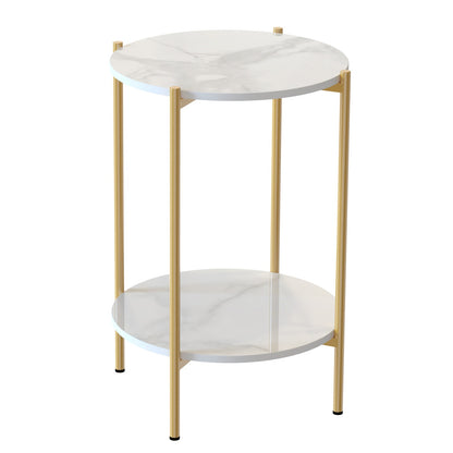 2 Tiers Solid Marble Sofa Side End Coffee Table Living Room Bedroom Round Nesting Table Nightstand Metal Frame