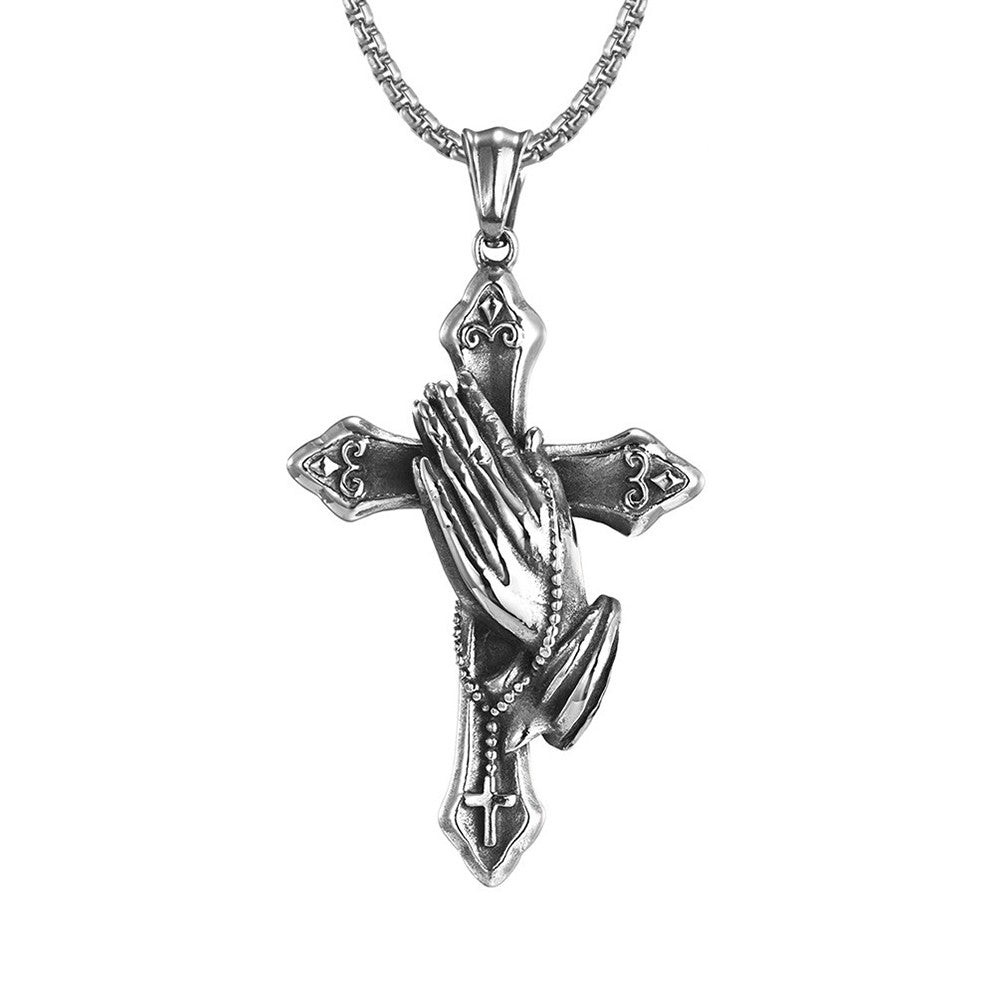 Colar com Pingente Cruz Mãos Rezando Vintage Hip-Hop Corrente de Aço Inoxidável Acessórios de Pescoço Joias Hip Hop Rock Presentes 2025