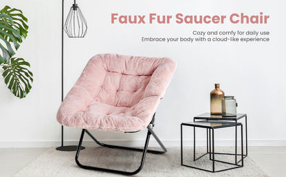 JHK 28IN Cozy Saucer Chairs Soft Faux Fur Large Size Folding Lounge Living Room Padded Seat Metal Frame Reading Chair Furniture