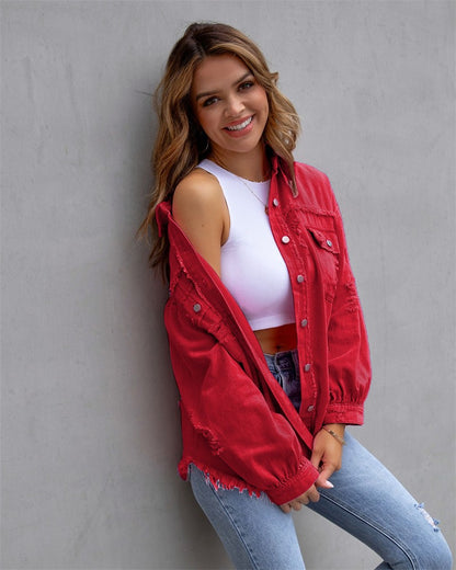 2025 Holes Raw-edges Denim Jacket Women Spring Autumn Shirt Style Jeancoat Casual Top Rose-Red Orange Purple Outerwear Lady Coat