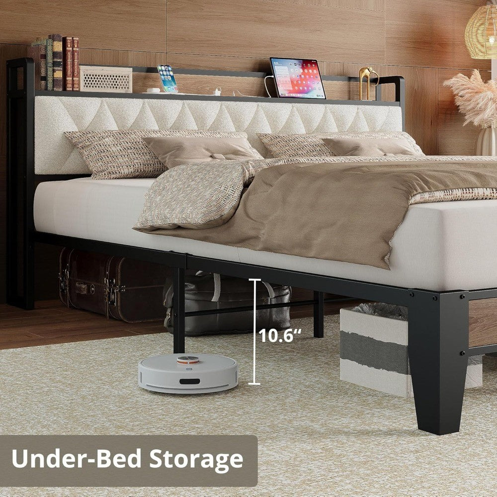 California King Bed Frame, Storage Headboard with Charging Station, Platform Bed Frame with Strong Metal Support, Sturdy