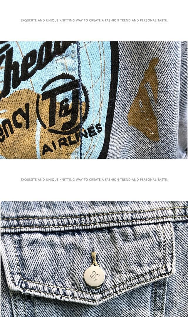 Fashion Cartoon Graphic Print Denim Jacket Men Streetwear Trend Hole Casual Loose Jean Jackets Coat Tops Clothing