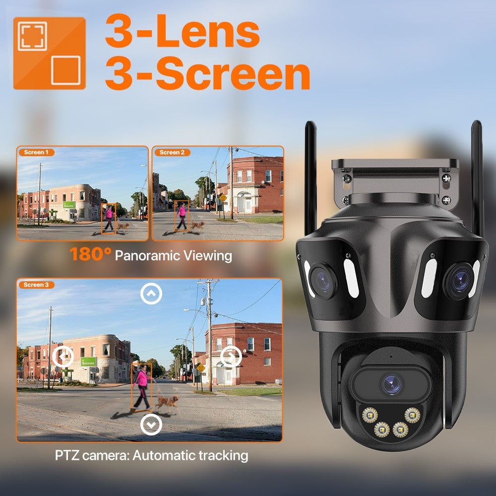 Câmera IP WIFI de Três Telas Externa 4K Lente Dupla Câmera PTZ Detecção Humana por IA Câmera de Segurança de Vídeo CCTV IP66 à Prova D'água iCsee