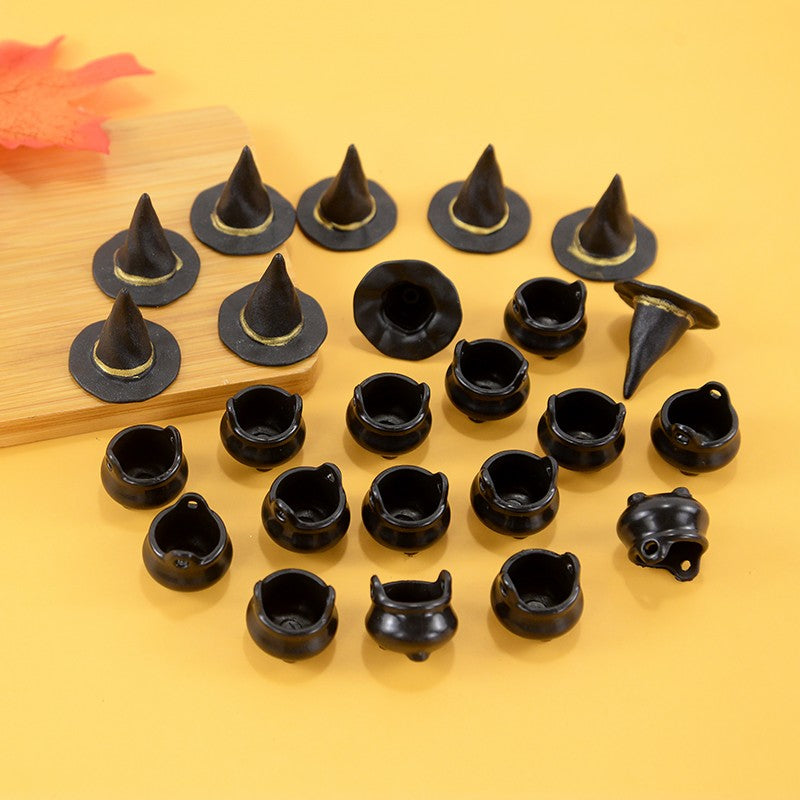 10pcs Halloween Witch Hat Decorations Miniature Hats Cauldron Pots Kettle Ornament Halloween Party Home Decoration DIY Crafts