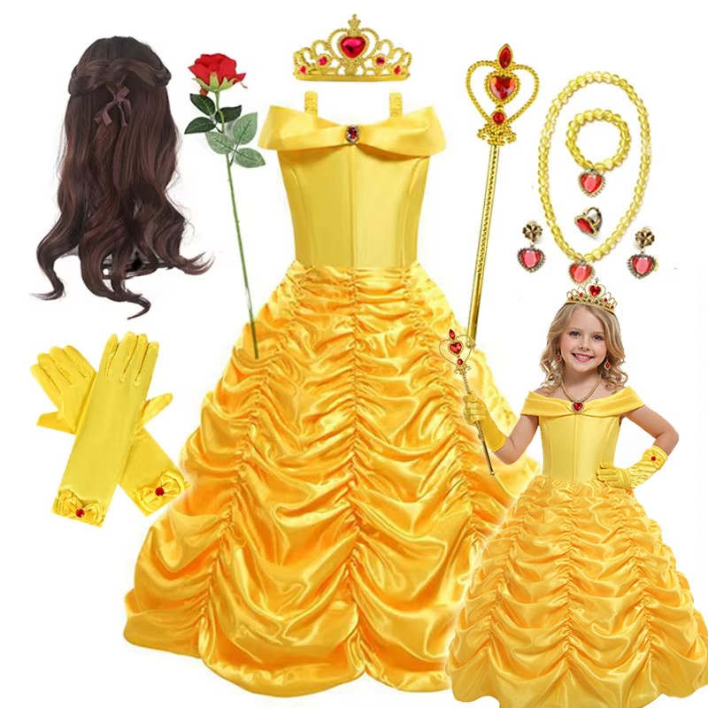 Disney Belle Princess Dress Halloween Cosplay Beauty and The Beast Costumes 2-10Y Girls Birthday Party Children Clothing Gown