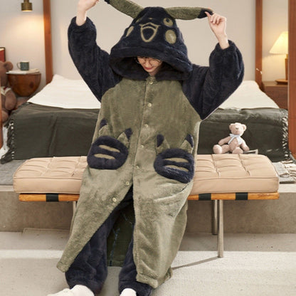 Gengar Pajamas Suit Anime Pokemon Winter Coral Fleece Nightgown Large Size of Thickened Warm Cartoon Men Hooded Home Suit Set