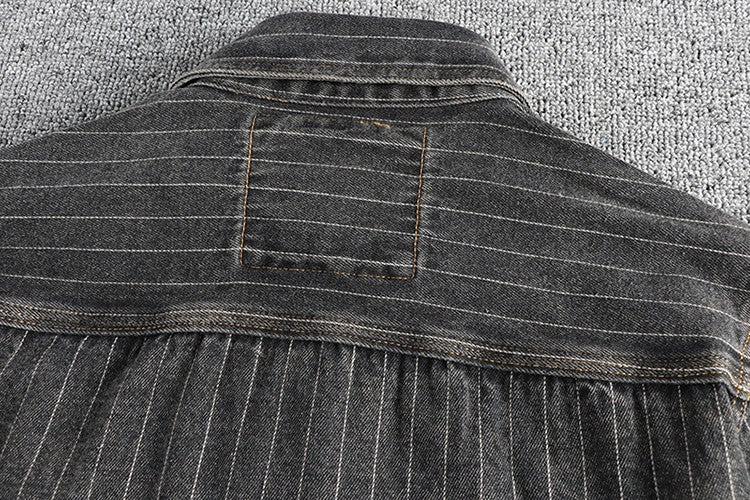 Heavy British retro black gray striped denim shirt for men new autumn end single cargo pocket shirt coat