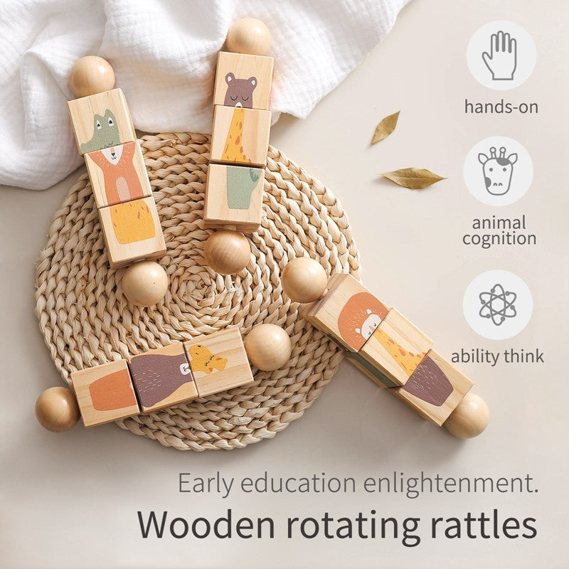 1pc Baby Wooden Rotating Rattle Animal Matching Newborn Soothing Toy Rotate Blocks Rotating Puzzle Montessori Toys for Babys