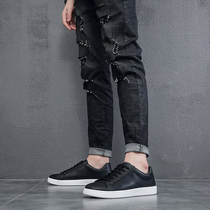 Men's Vulcanized Shoes Casual Low Top Flat Sneakers White Shoes Zapatillas Hombre Chaussure Homme Drop Shipping Leather Black