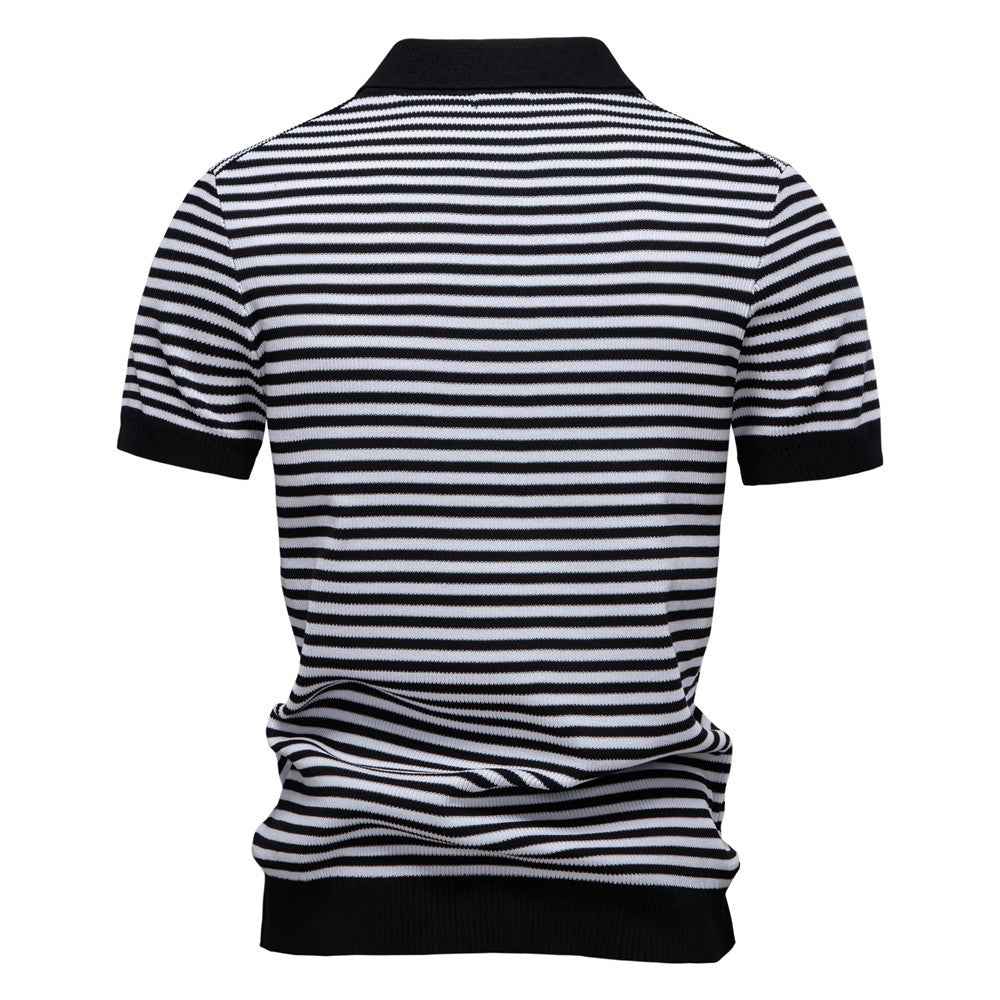 ?AIOPESON 2025 Men's Contrast Striped Polo Shirt - Lightweight V-Neck Knit Top with Breathable Textured Panels