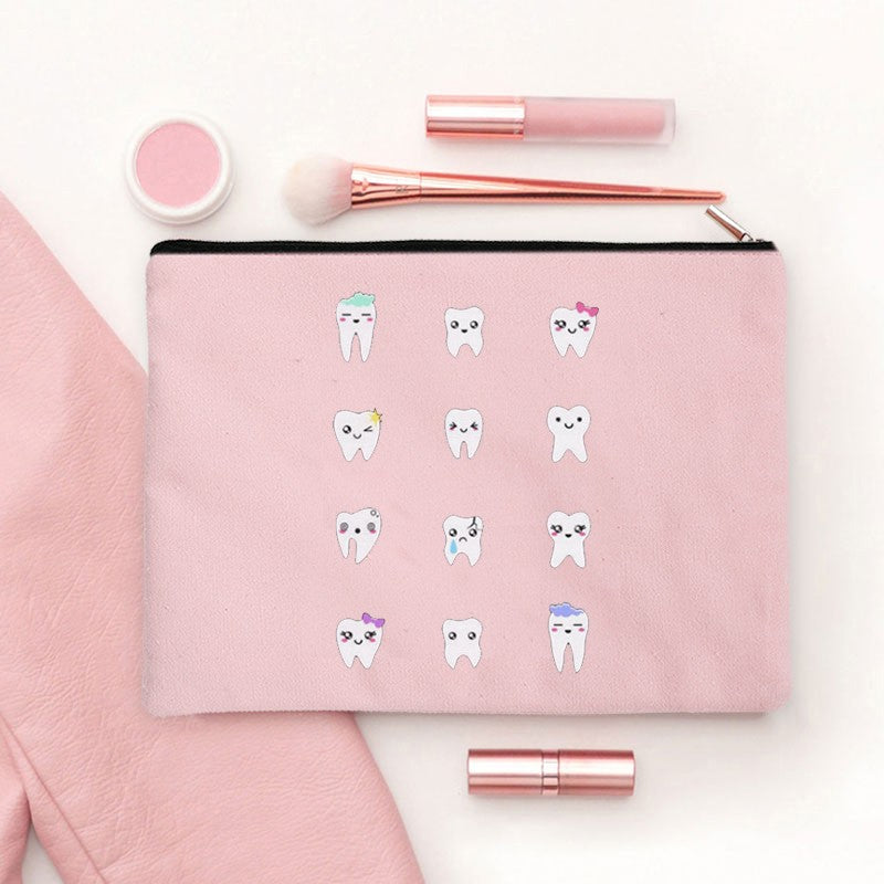 2024 Cute Teeth Cartoon White Zipper Makeup Bag Dental Clinic Storage Bag Women's Single Party Minimalist Decorative Handbag