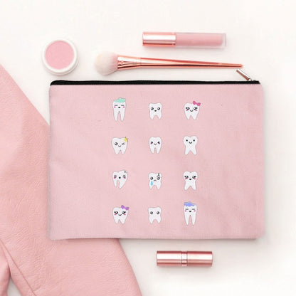 2024 Cute Teeth Cartoon White Zipper Makeup Bag Dental Clinic Storage Bag Women's Single Party Minimalist Decorative Handbag