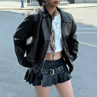 Autumn Women's Faux Leather Jackets 2025 Fall Long Sleeve Bomber Jacket Lapel Zip Up Motorcycle Coats Winter Clothing