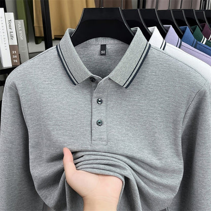 100% pure cotton high-quality long sleeve polo shirt men's autumn new style comfort casual luxury double striped lapel T-shirt