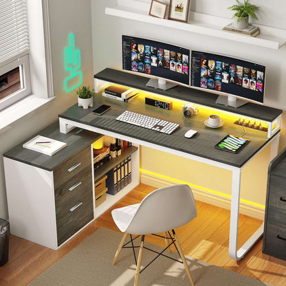 Mesa de computador para jogos em L com gavetas para arquivos para escritório em casa