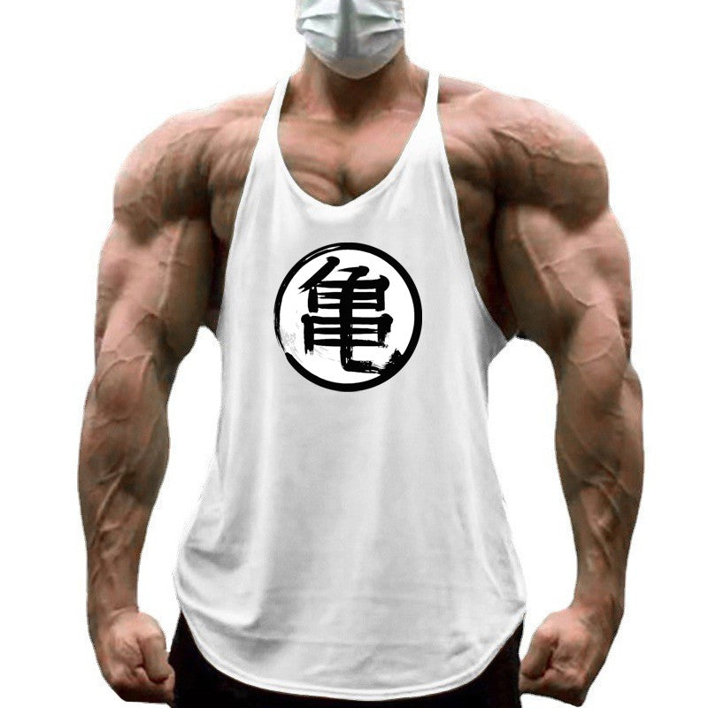 Japanese Anime Turtle Script Printed Mens Y Back Gym Clothing Cotton Fitness Tank Top Bodybuilding Muscle Stringer Singlets