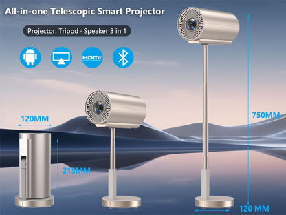Mini Projetor Portátil Android  Suporte 1080p 4K  Suporte Integrado com Ajuste de 90° Ajuste de Altura WiFi e Bluetooth Modelo: TS3