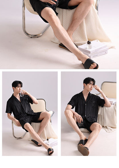 Ice Silk Pajamas Men's Spring and Summer Light and Breathable Simulation Silk Satin Short-sleeved Shorts Youth Simple Loungewear