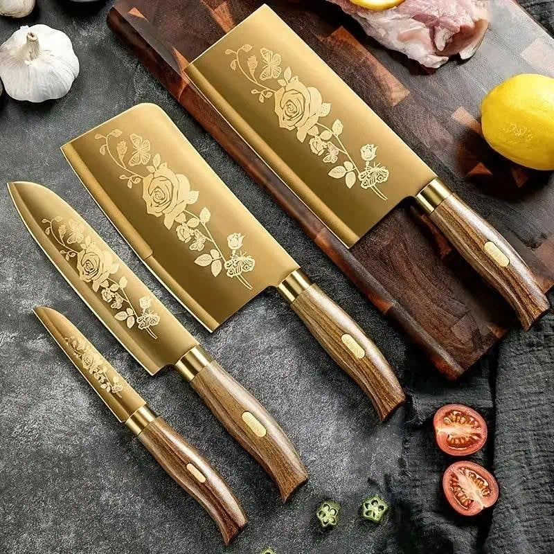Conjunto de 4 Facas de Cozinha com Revestimento de Titânio - Afiadas, Duráveis, Perfeitas para Cortar Carnes e Ossos, para Cozinhas Profissionais e Domésticas