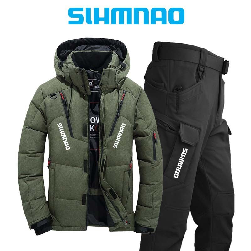 Conjunto de Pesca Quente e Resistente ao Vento e ao Frio de Inverno, Jaqueta Externa Quente, Jaqueta Grossa de Pluma de Ganso e Calças Táticas 2025