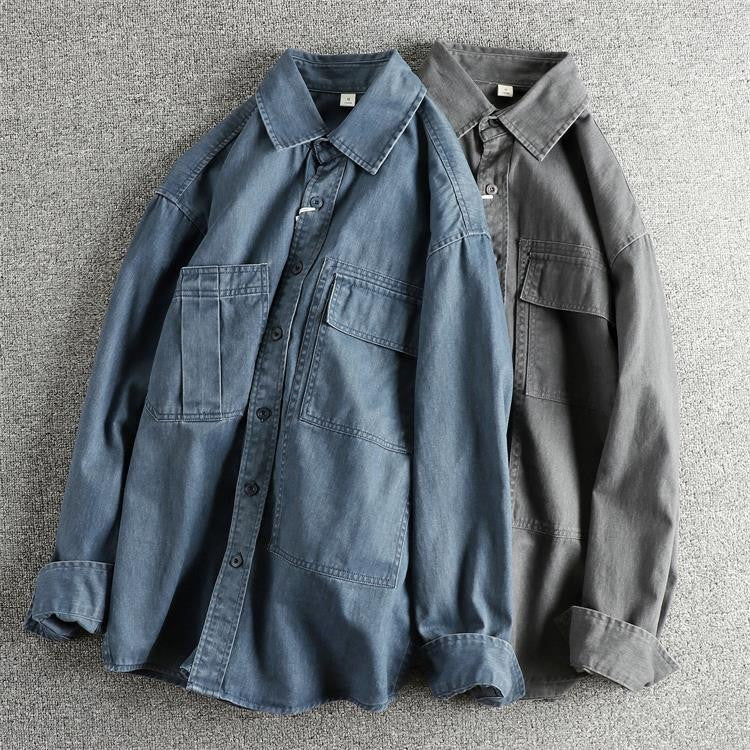 Autumn New Japanese Retro Woven Twill Cargo Shirt Men's Amekaji 100% Cotton Washed Long Sleeve Double Pocket Casual Thin Coat