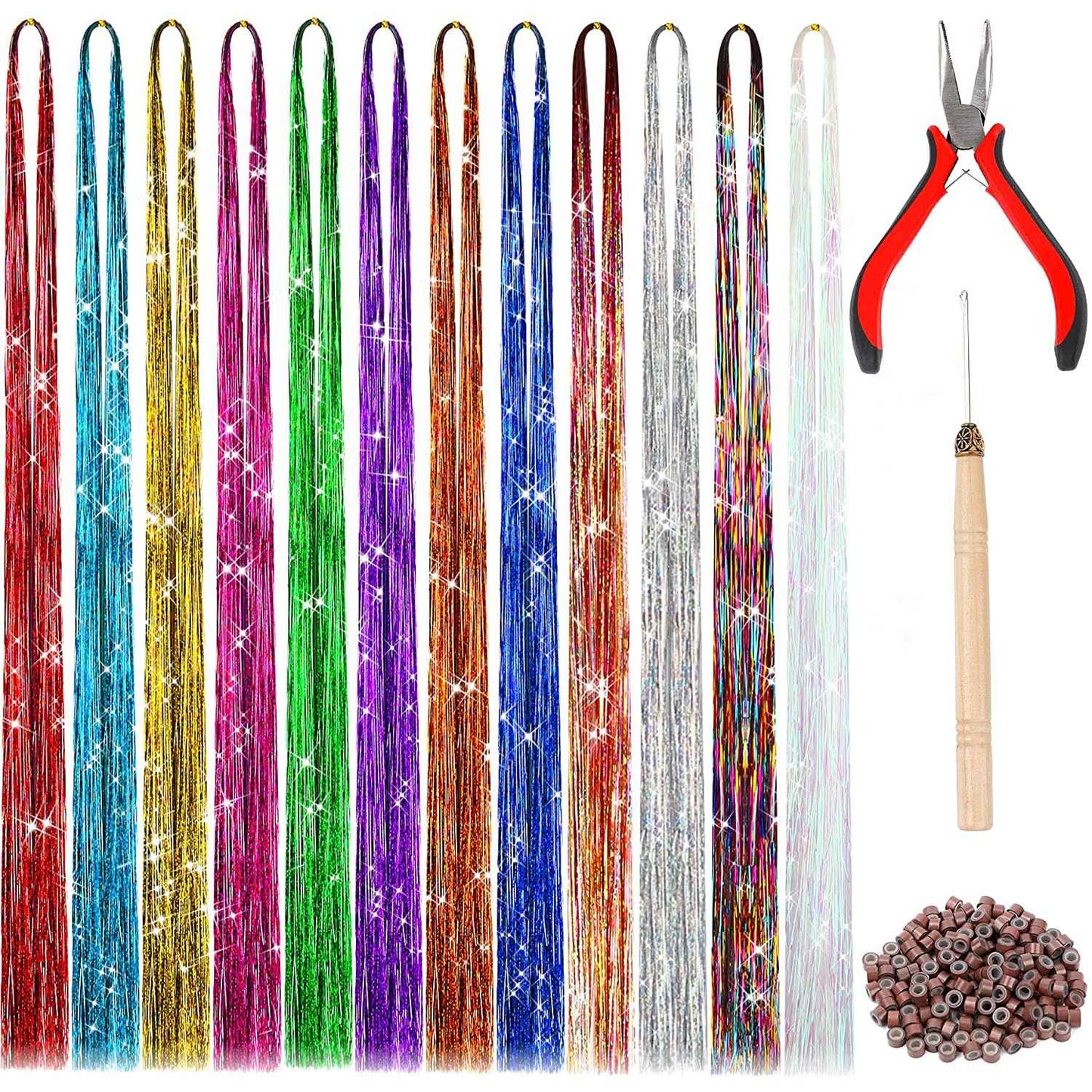Hair Tinsel Kit With Tool 4200 strands Fairy Tinsel Hair Extensions 12 Color Sparkling Shiny Heat Resistant Highlights Glitter