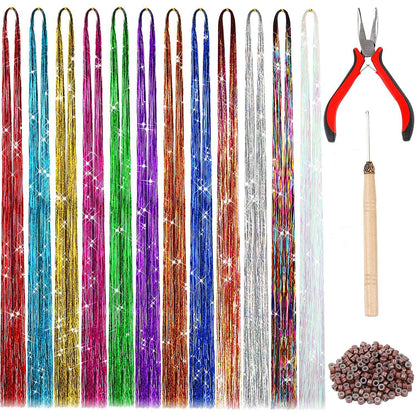 Hair Tinsel Kit With Tool 4200 strands Fairy Tinsel Hair Extensions 12 Color Sparkling Shiny Heat Resistant Highlights Glitter