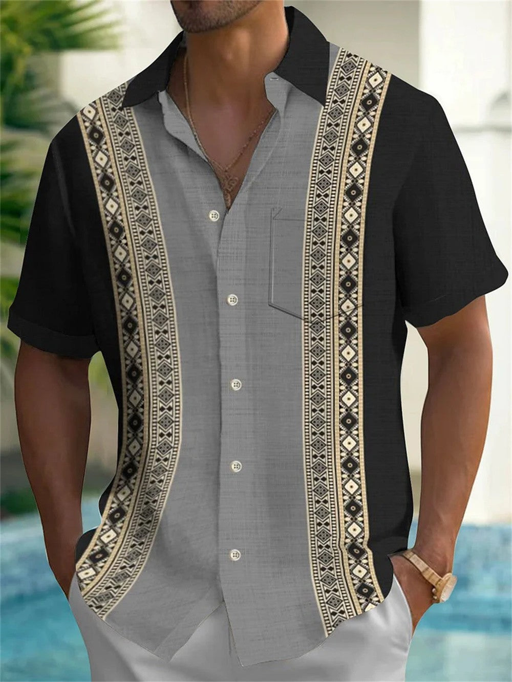Silk print high-quality retro novel trendy men's casual social solid color Hawaiian shirt new style