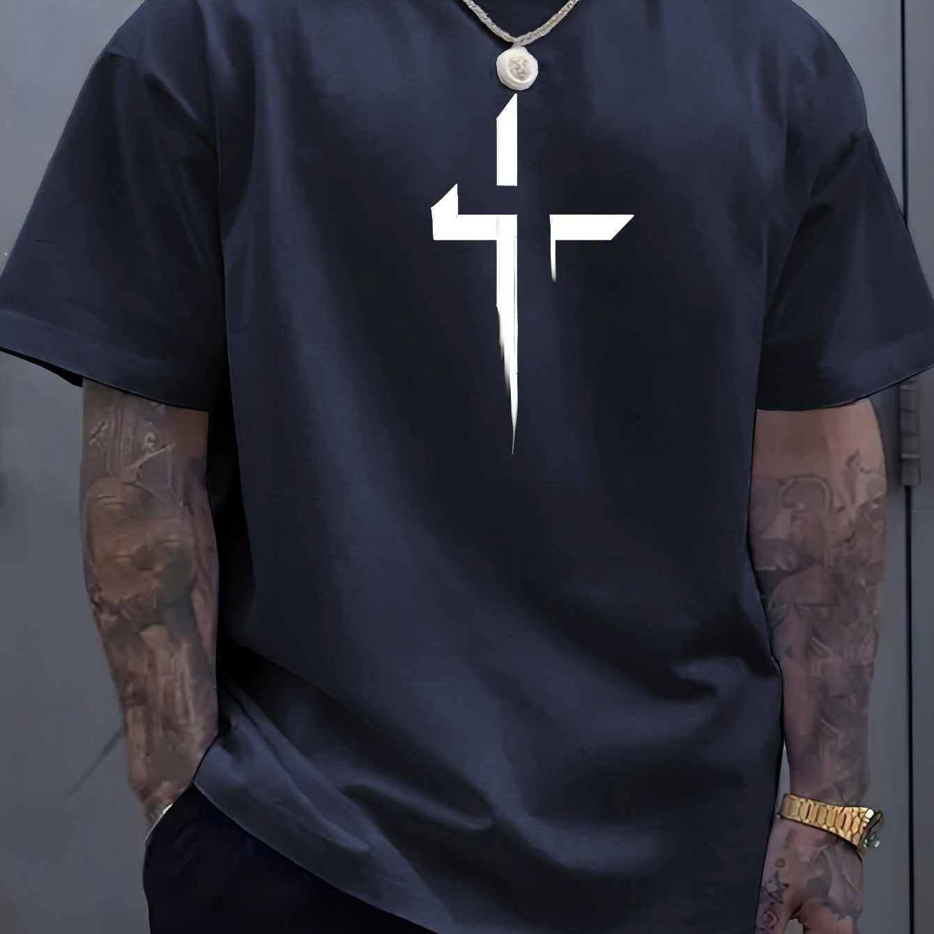 Summer men's 100% pure cotton casual loose plus size Cross Creative printed sports comfortable round neck short sleeved T-shirt