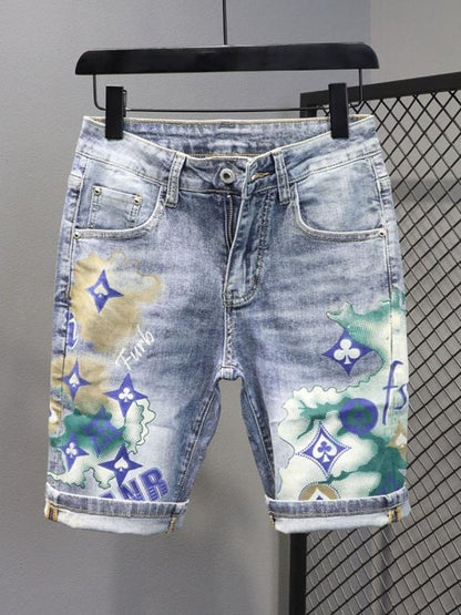 Summer 2024 New Fashion Trend Printed Stretch Cotton Shorts Men's Casual Sashimi Comfort High Quality Plus-Size Denim Shorts