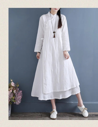 NYFS 2025 Spring Autumn New Womens Dresses Vestidos Robe Elbise Loose Plus Size Cotton Linen Double Layer Long Dress