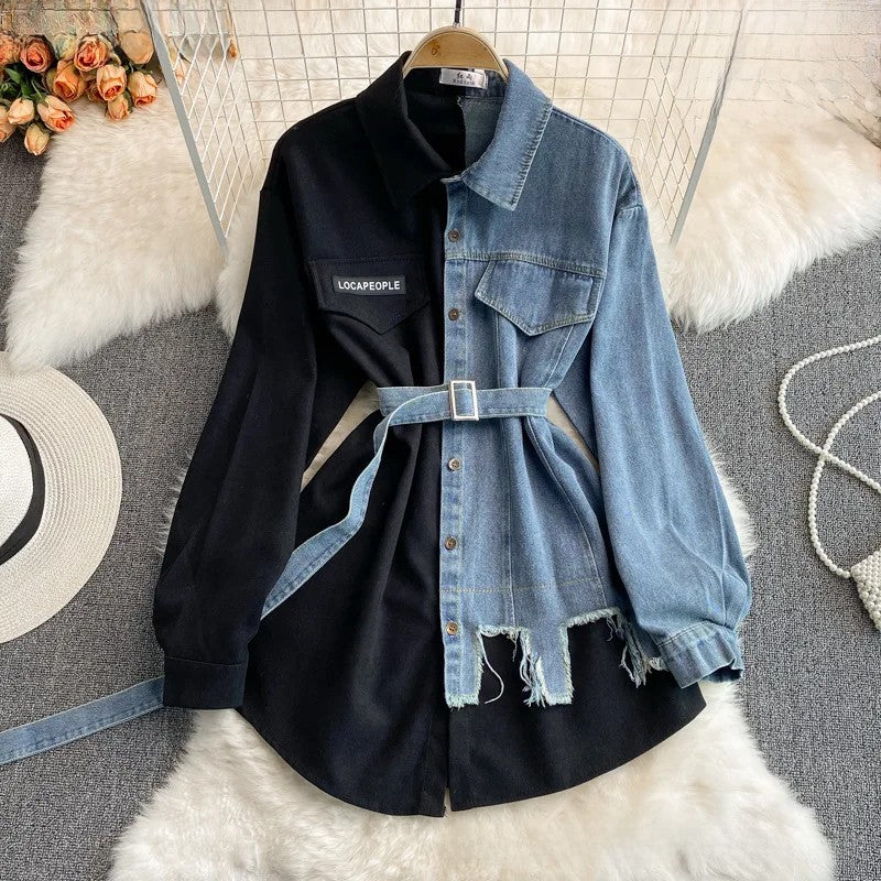 Slimming Denim Patchwork Lapel Dress Autumn Waist-fitted Medium-length Shirt