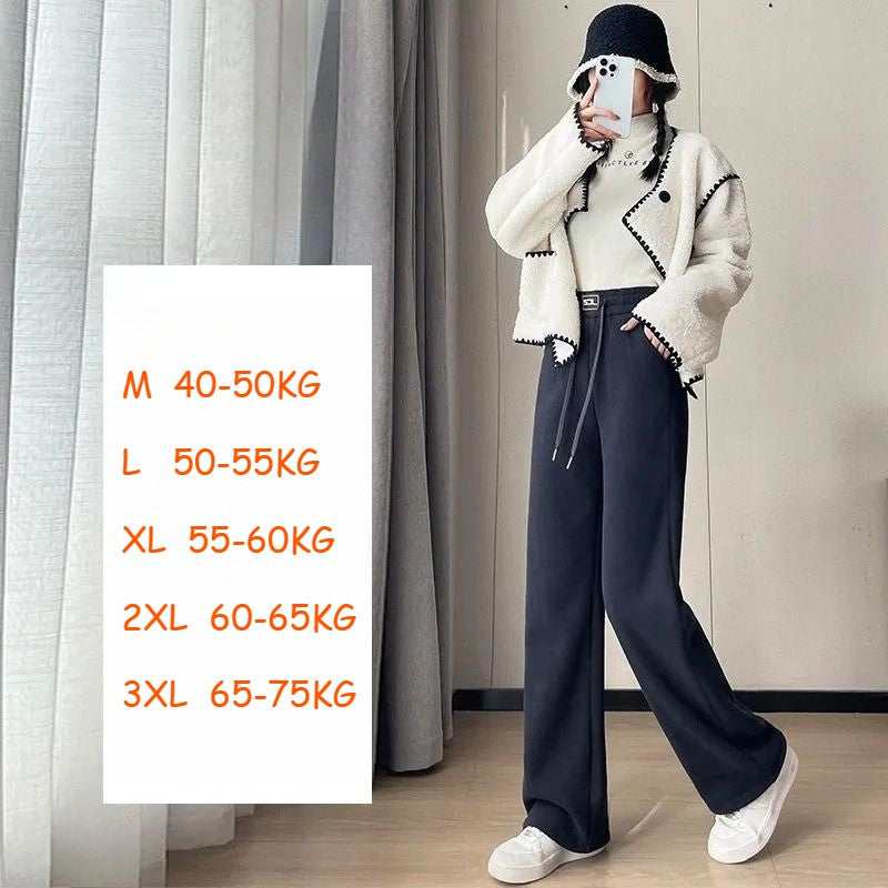Warm Lambswool Straight Pants Women Corduroy Thickened Loose Wide Leg Pants Fashion Casual Elastic High Waist Fleece Trousers