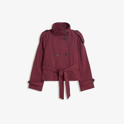 Belted Waist Cropped Trench Double Breasted Stand Collar 2025 Autumn Chic Elegant Women Coat Casual Vintage Office Lady Jacket