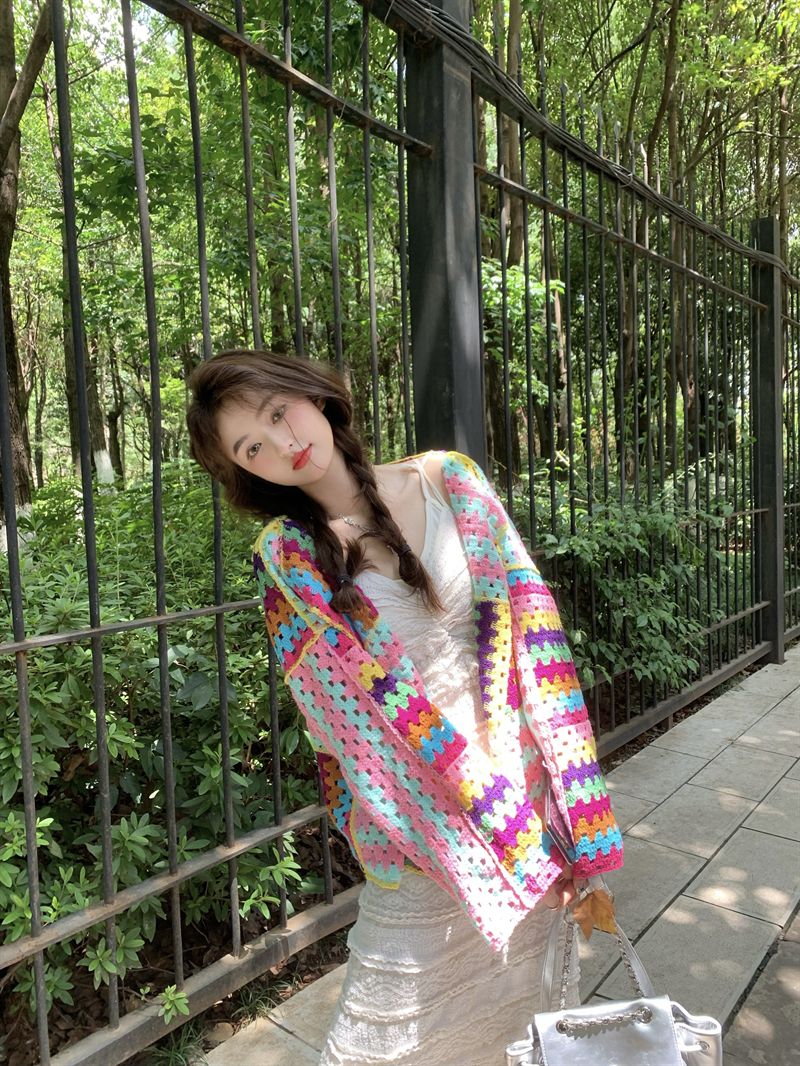 SALIENCY Colorful Crochet Knit Hollow Cardigan Sweater Jacket Women Spring Top Loose Short Knitwear