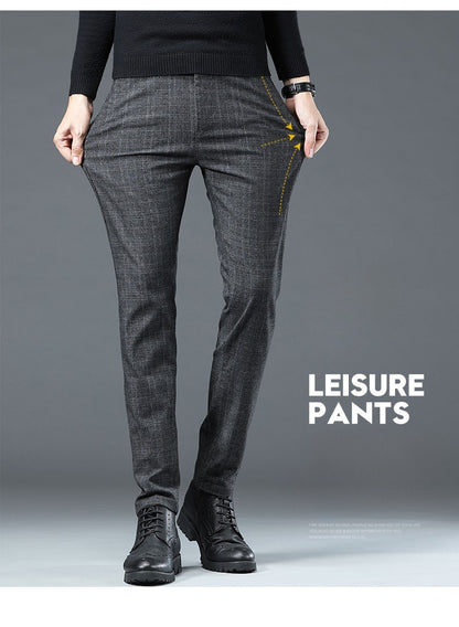 Autumn Winter New Fleece Thickened Casual Pants Men Business Straight Slim Plaid Pants Black Gray Men's Warm Trousers