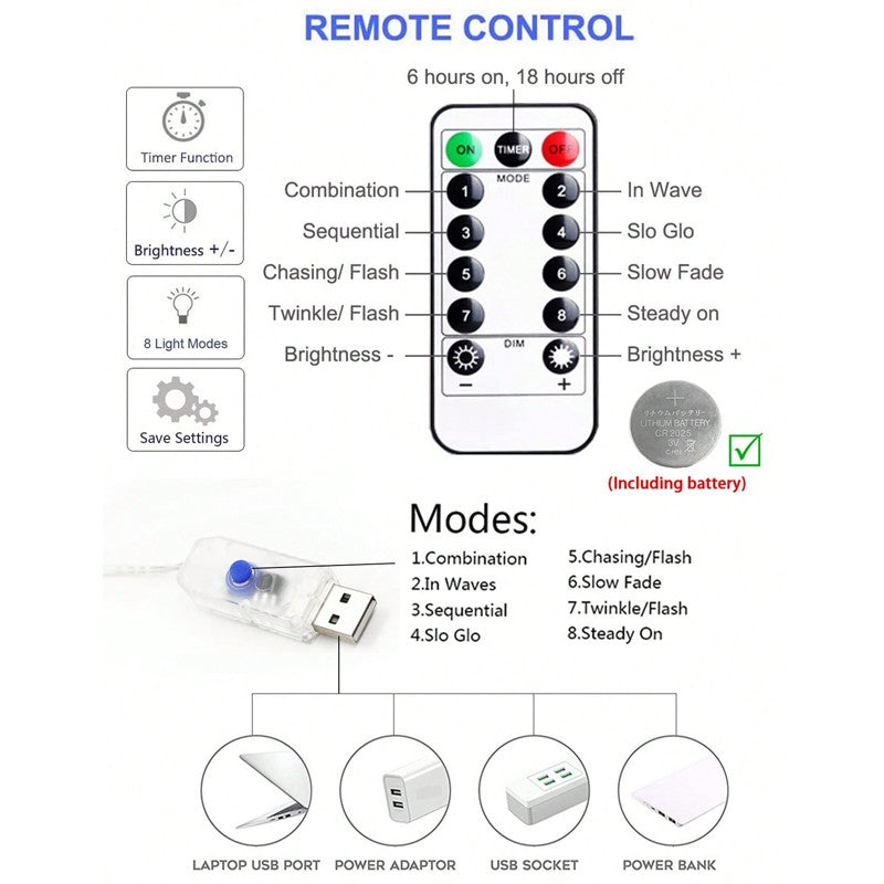 3/9M USB LED Curtain 8Modes Remote Control String Lights Holiday Wedding Fairy Garland Lights For Bedroom Living Room Decor