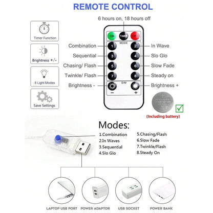 3/9M USB LED Curtain 8Modes Remote Control String Lights Holiday Wedding Fairy Garland Lights For Bedroom Living Room Decor