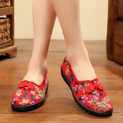 Women's Ethnic Embroidered Flats Soft Bottom Non-Slip Middle-aged Flat Mom Shoes Female Old Beijing Cloth Shoes