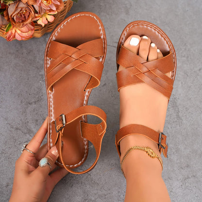 Women Sandals  Flat Heels Clip-toe Casual Rome Sandals  Summer Cross Narrow Band Ankle Buckle Strap Beach Shoes for Women