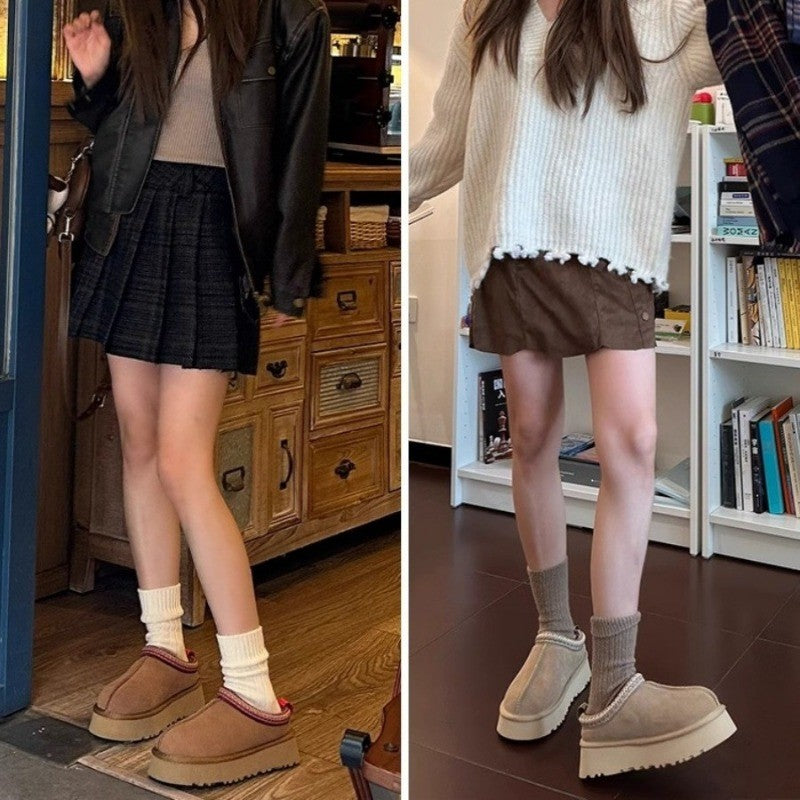 Snow Boots for Women 2024 Winter New Cashmere Warm Platform Without Heel-covered Hair Half Slipper Cotton Shoes for Women Q426