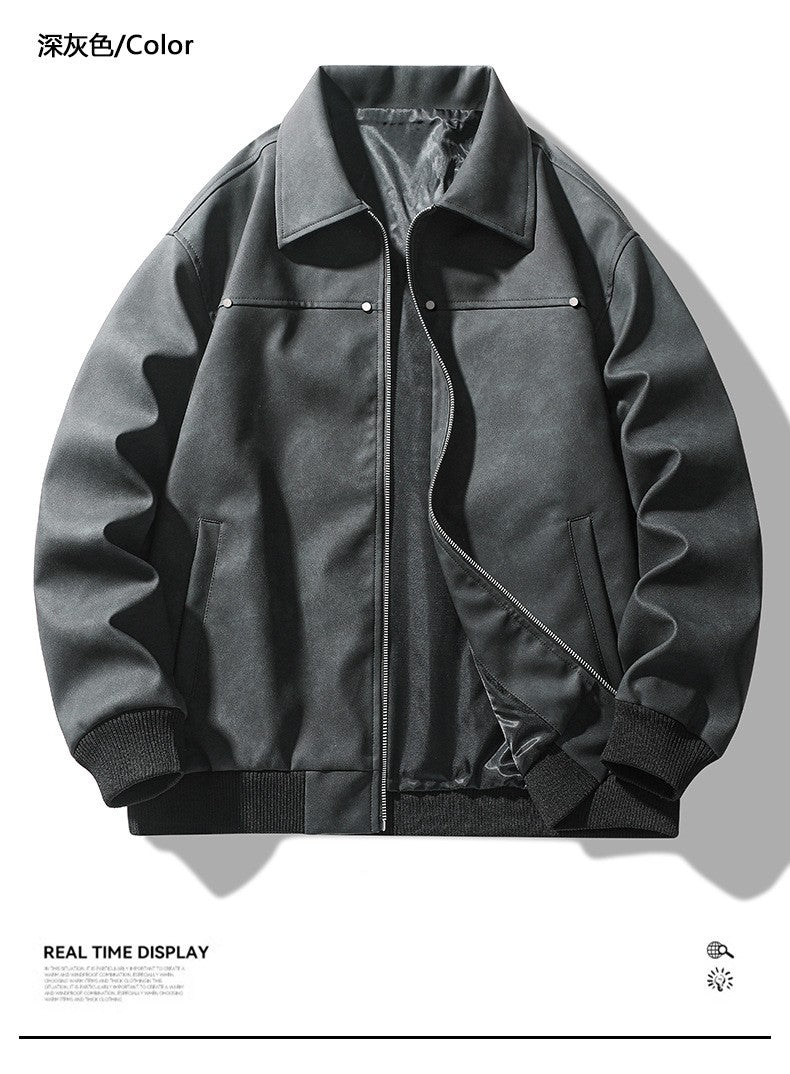 Men Faux Leather Zipper PU Leather Long Sleeve Coat Loose Fit Moto Biker Spliced Vintage Solid Turn Down Collar Jackets