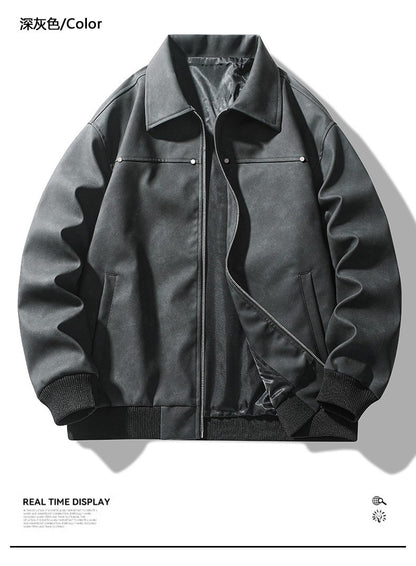 Men Faux Leather Zipper PU Leather Long Sleeve Coat Loose Fit Moto Biker Spliced Vintage Solid Turn Down Collar Jackets