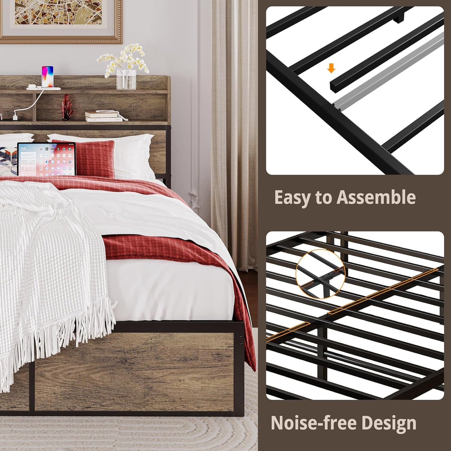 Estrutura de Cama de Casal com Cabeceira de Estante com Estação de Carregamento, Base para Colchão/Não Necessita de Box, Antiderrapante Wi
