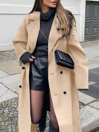 Women's Long Woolen Coat, Casual Loose-Fitting Overcoat with Double Button Front, Fall & Winter Fashion Outerwear for Women
