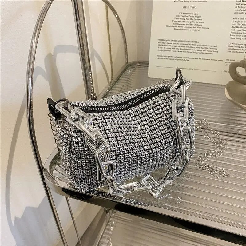 Luxury Rhinestone Bucket Bag Glitter Chain Prom Purse Women's Dinner Package Fashion Female Shoulder Bag