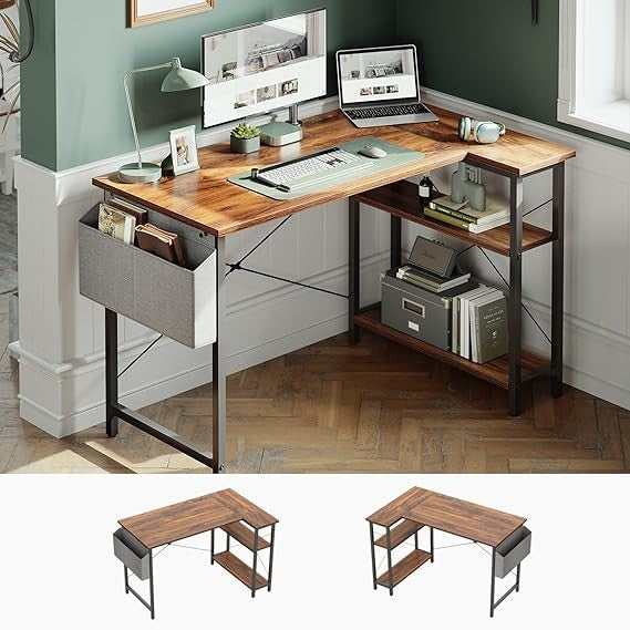 L-Shaped 40 Computer Desk with Reversible Storage Shelves for Home Office, Study, Writing, and Gaming