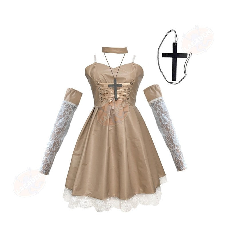 Death Note Cosplay Costume Misa Amane Imitation Leather Sexy Dress +Neck jewelry+stockings+necklace Uniform Outfit Halloween Wig