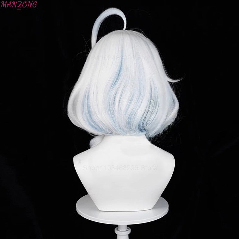 Peruca Curta Furina Peruca Cosplay Focalors Curta Prata Branca Azul Peruca Cosplay Anime Perucas Cosplay Resistente ao Calor Sintética + Touca de Peruca