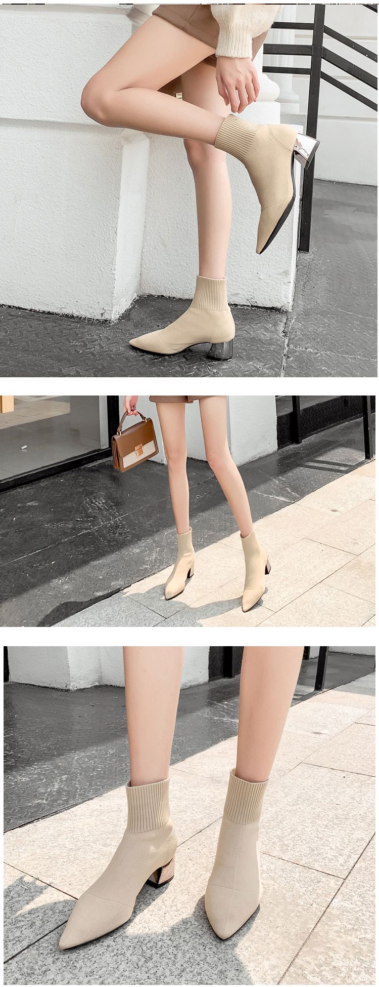 Eilyken Fashion Knitted Stretch Fabric Sewing Women Ankle Boots Square Heels Winter Pointed Toe Ladies Sock Booties